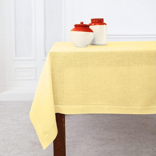 Solino Home Linen Tablecloth for Rectangle Tables 60 x 108 Inch - Classic Hemstitch 100% Pure Linen Yellow Table Cloth - Machine Washable Cloth Tablecloth