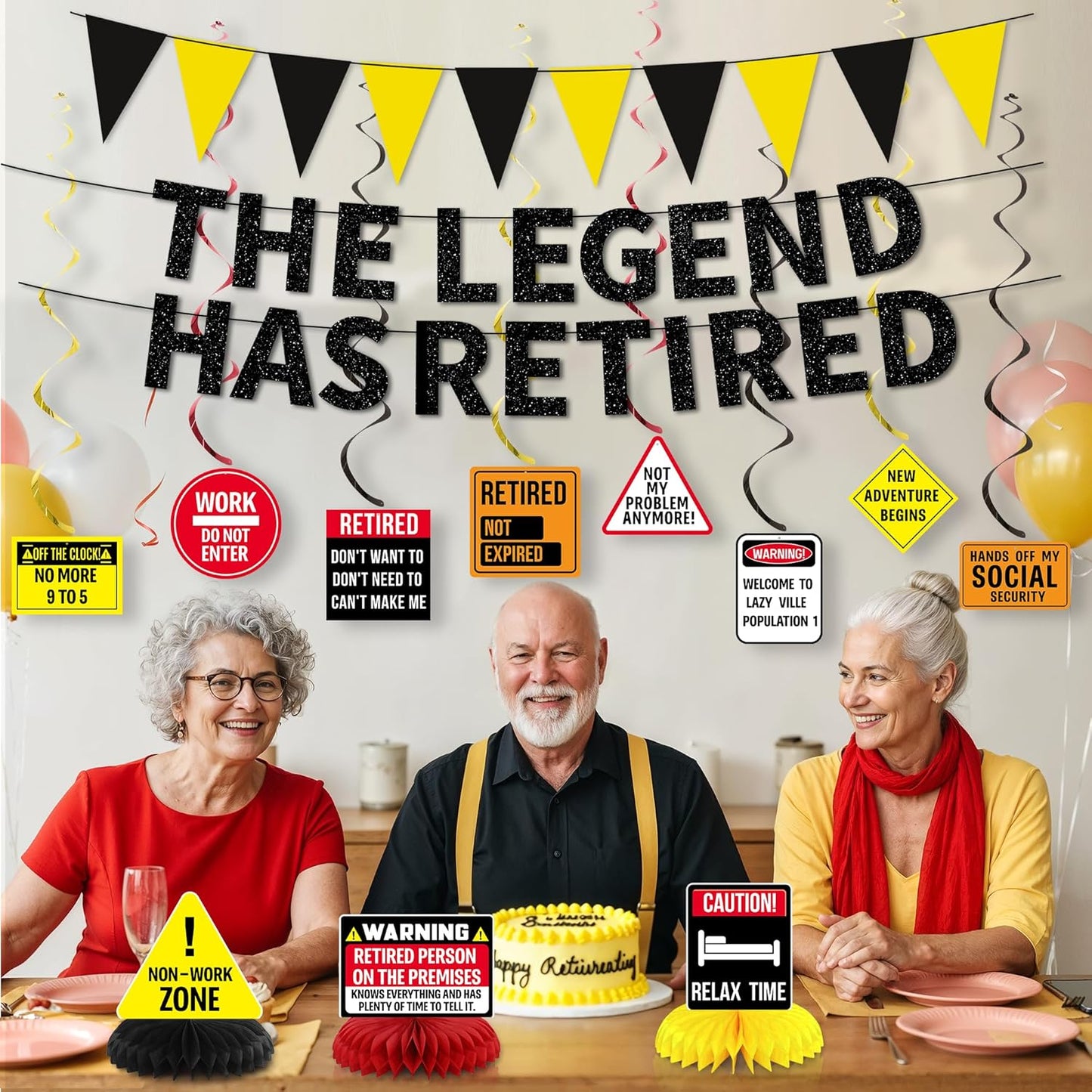 Roetyce Retirement Decorations Men Women, Caution Happy Retirement Banner Hanging Swirls Centerpieces Kit, Funny Legend Retired Party Supplies Backdrop for Coworker Family