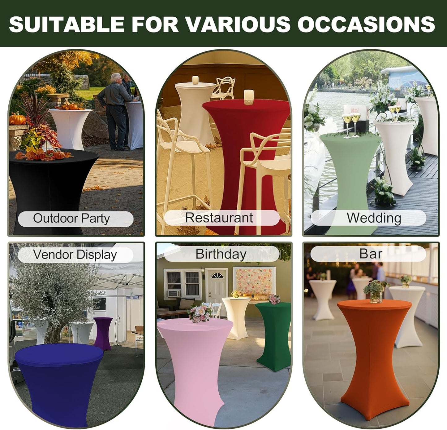 Cocktail Table Covers-Spandex Round High Top Table Cloths 6 Pack 32x43 Inch-Hunter Green Stretch Fitted Bar Tall Tablecloth for Pub Bistro Highboy Party Event Banquet Height Satnding Tables
