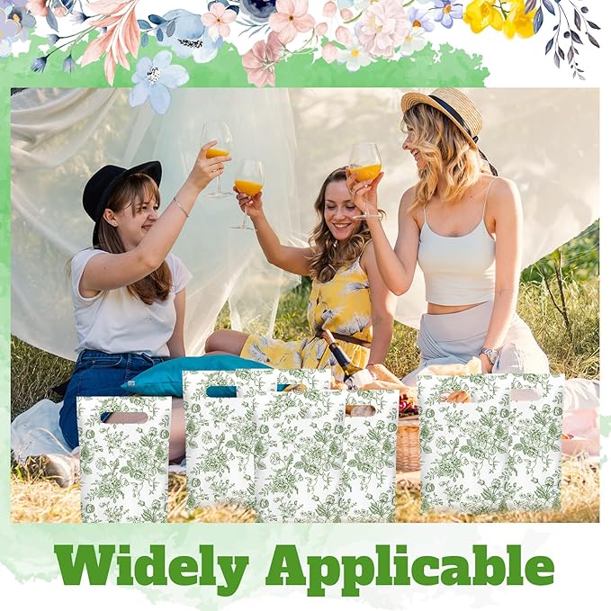 Supervitae 100 Pcs Plastic Green Gift Bags Flower Party Favor Bags Bulk with Handles for Birthdays Weddings Bridal Baby Showers Snacks Goodie Candy Treat Tea Party Supplies