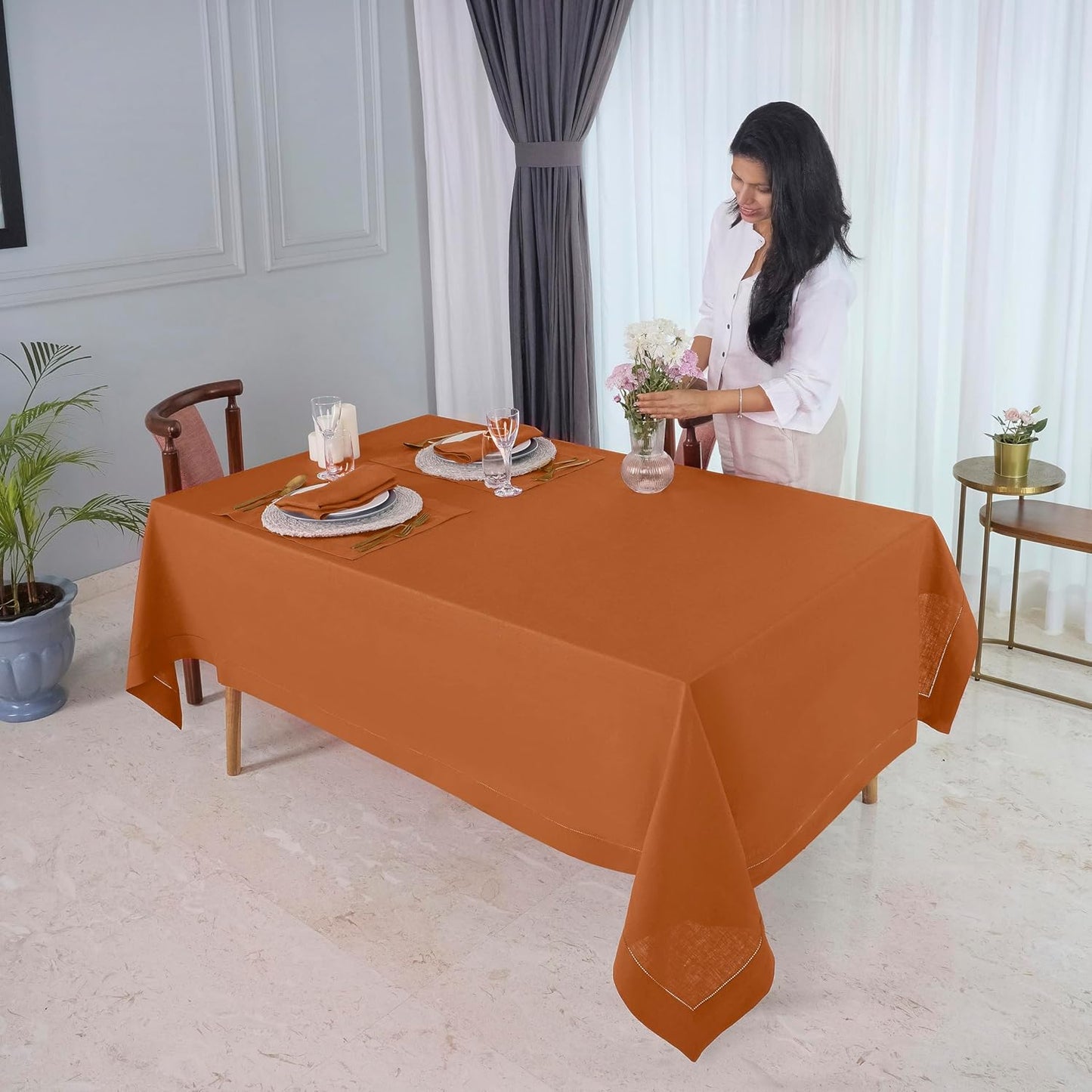 D'Moksha Homes Rust Linen Tablecloth for Rectangle Tables 60 x 132 Inch - 100% Pure Linen Rust Table Cloth - Classic Hemstitch, Machine Washable Dining Tablecloth for Fall, Halloween