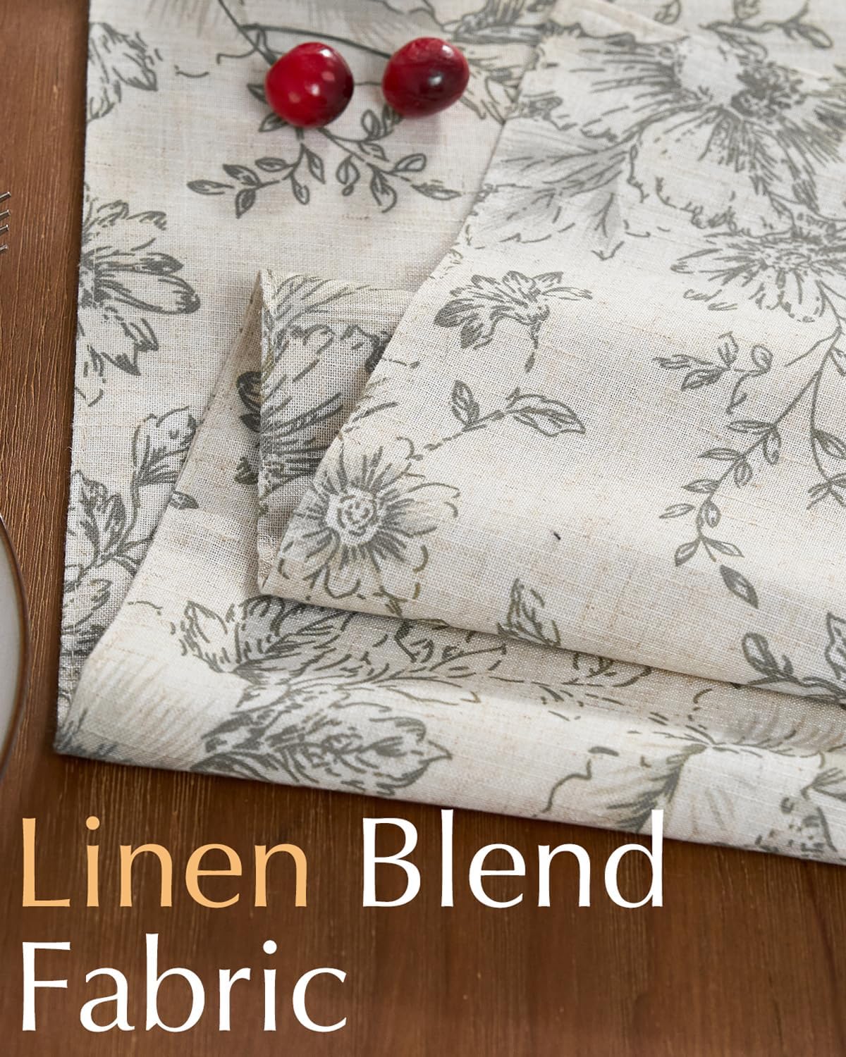 jinchan Floral Linen Table Runner for Kitchen Farmhouse Table Cloth with Grey Flower Print 13 x 108 Inch Beige Linen Blend Cloth for Kitchen Dining Table Indoor Outdoor Decor 1 Panel