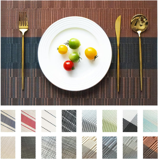 Placemats Set of 12 Vinyl/Plastic Woven Place Mats for Kitchen Table Indoor/Outdoor Washable Placemat Wipeable Dining Table Mats (Ombre Brown Black,12)