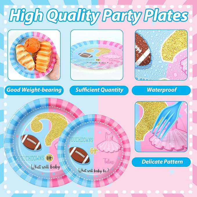 96Pcs Gender Reveal Party Supplies Touchdown or Tutus Gender Reveal Paper Plates Napkins Ballet or Football Gender Reveal Party Decorations Favors for Boy or Girl Baby Shower Tableware Serves 24