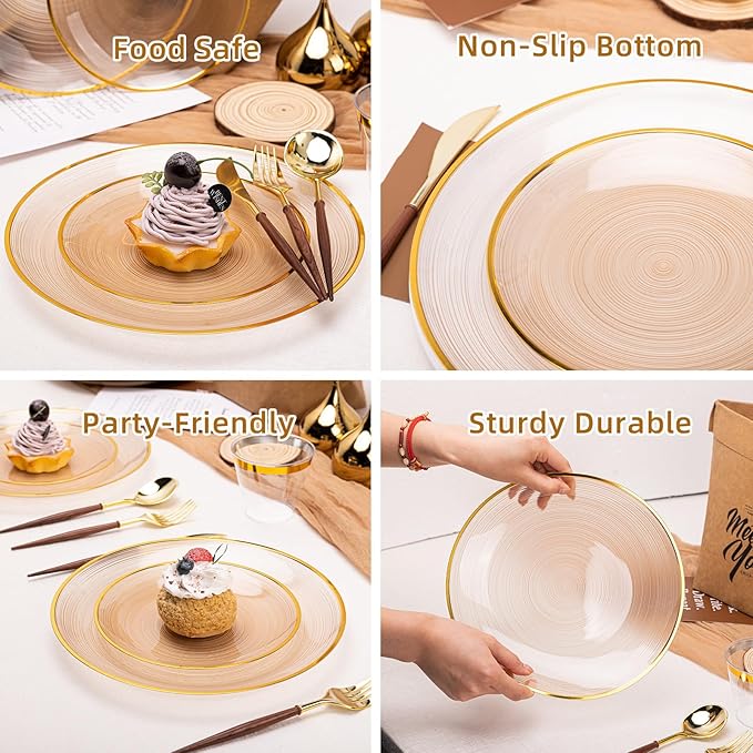 N9R 60 PCS Mocha Mousse Plastic Plates with Gold Rim, Elegant Disposable Plates, Circular Ribbed Design, 30 Dinner & 30 Dessert Plate for Parties, Weddings, Banquets and Events