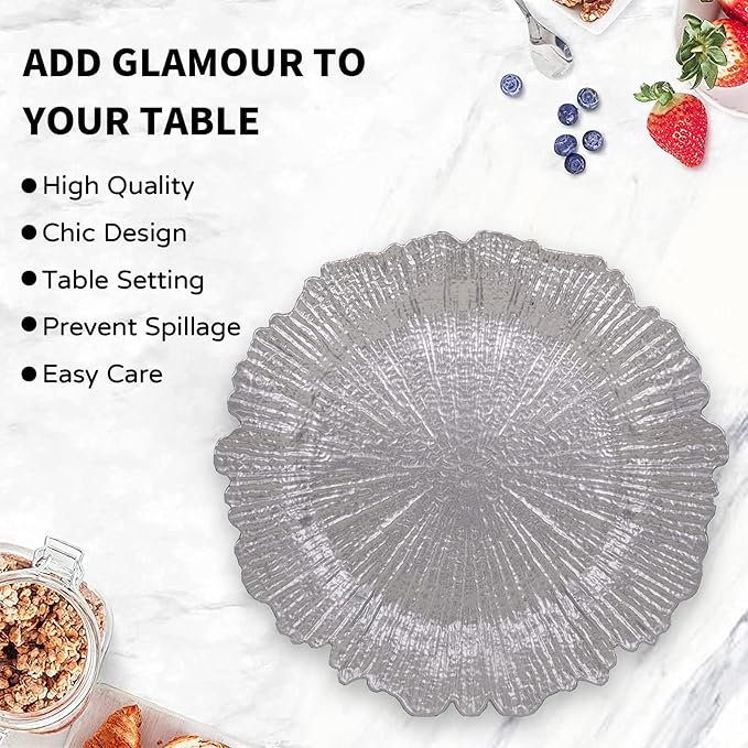 MAONAME Silver Charger Plates Set of 12, Reef Plate Chargers for Dinner Plate, Plastic Decorative Plates for Table Setting, Thanksgiving, Christmas