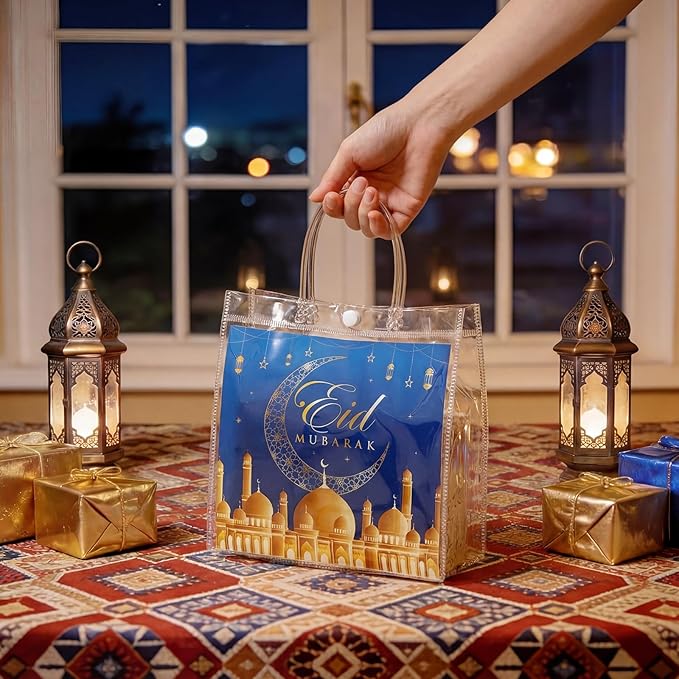 Aliceset 20 Pcs Eid Mubarak Gift Bags with Handles Clear Ramadan Goodie Bags for End of Ramadan Eid Mubarak Party Treats Candy Favors Supplies Decoration, 8x8x3.15 inches