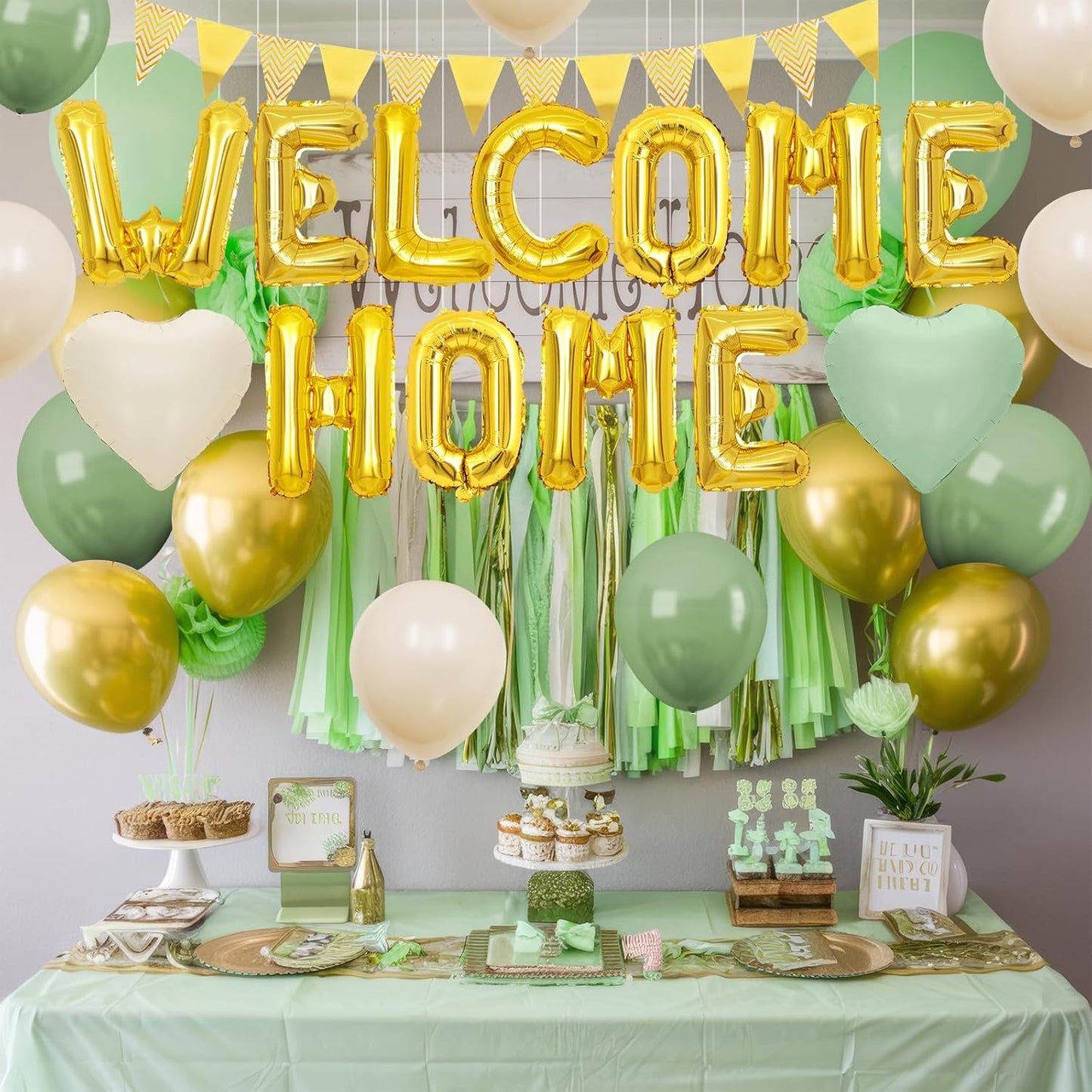 Welcome Home Decorations Green Gold,Gold Welcome Home Foil Balloon Banner with Sage Green White Heart Balloons Pennant Flag Bunting for Housewarming Baby Shower Home Family Party Supplies
