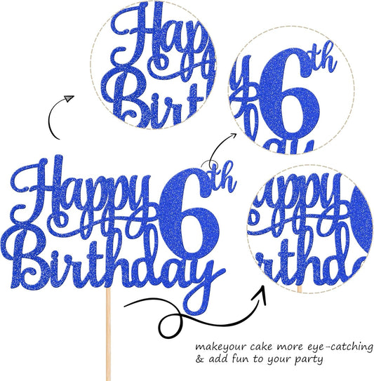 1 PCS Happy 6th Birthday Cake Topper - Glitter Cheers to 6 Years - Fabulous Cake Decoration for Blue Theme Party