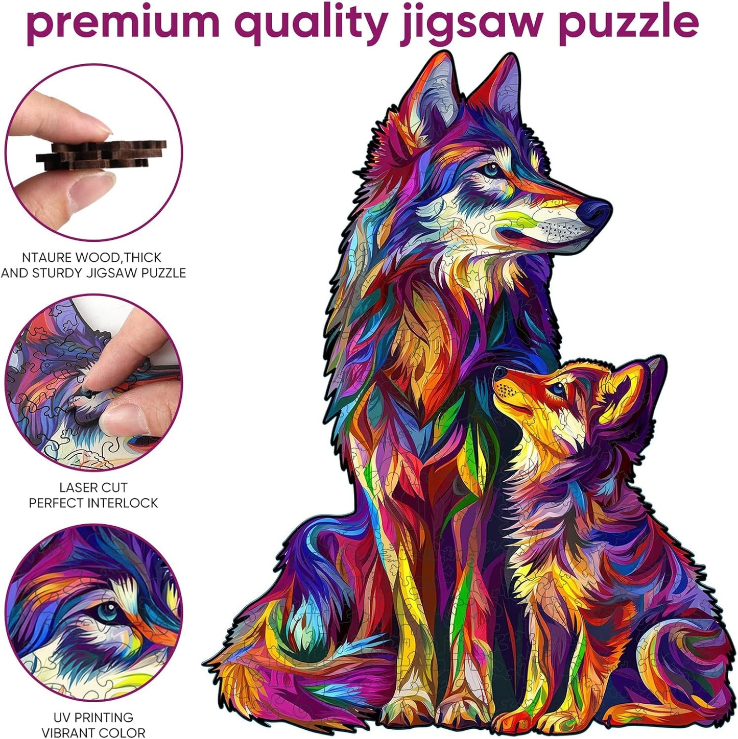 Reouinty Wooden Puzzles for Adult, Wolf Family Jigsaw Puzzles 200 Pieces, Unique Shaped Animal Wood Adult Puzzle, Best Gifts for Adults Family Games 9.8 x 12.6 in