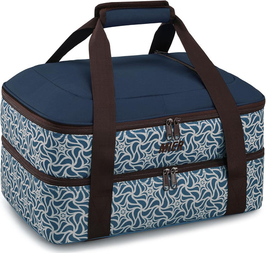 MIER Insulated Casserole Carrier Fits 9"x13" Baking Dishes/Foil Pans, Double Food Carriers Bag Thermal Holder for Hot or Cold Food Lasagna Lugger Potluck Parties Picnic Travel, Deep Blue