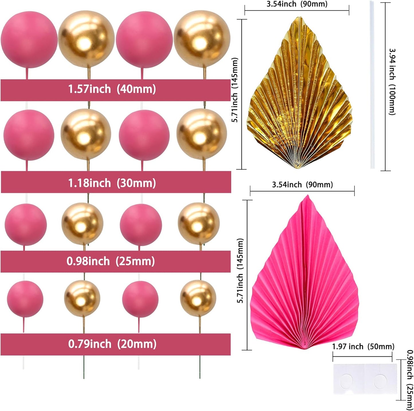 Ephlyn 28Pcs Paper Palm Fan Cake Topper Balls Cake Pick Decoration for Baby Shower Wedding Bridal Shower Birthday Anniversary Party DIY Cake Decorations Supplies Gold Rose Red