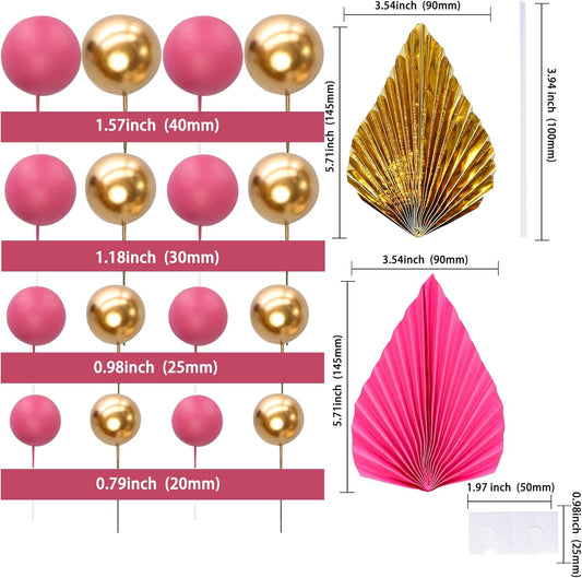 Ephlyn 28Pcs Paper Palm Fan Cake Topper Balls Cake Pick Decoration for Baby Shower Wedding Bridal Shower Birthday Anniversary Party DIY Cake Decorations Supplies Gold Rose Red