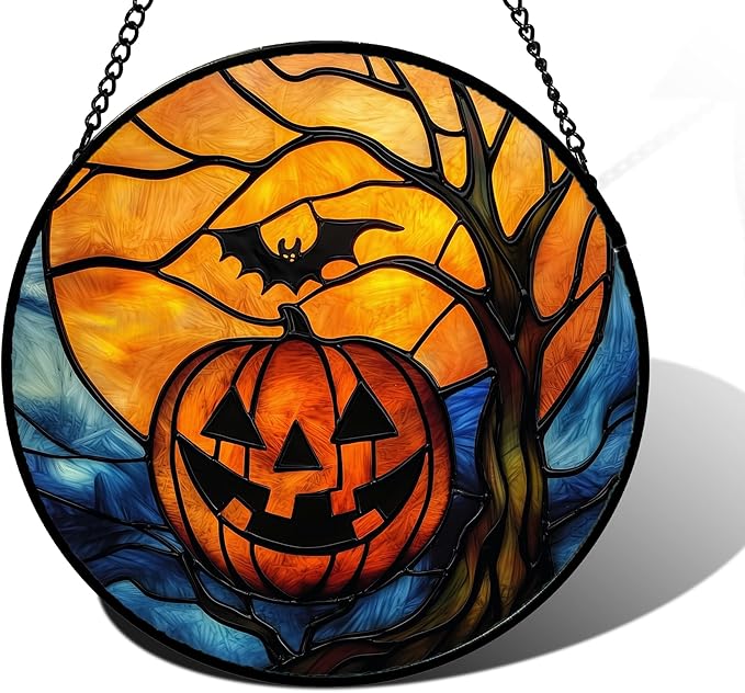 Stained Glass Window Hanging, Pumpkin Bat Moon Tree Suncatcher for Doors Home Sun Catchers Decoration and Christmas, Mother's Day Birthday Gifts for Women, Men, and Mom 6.3 in