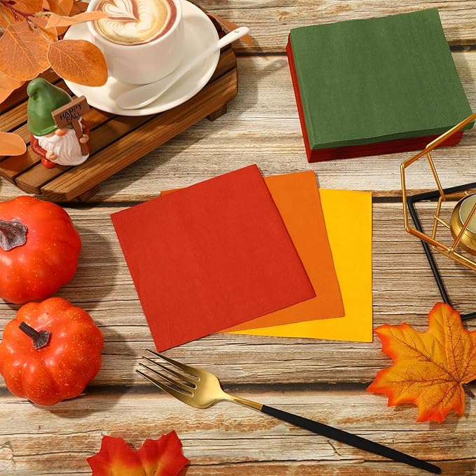 Whaline 120Pcs Fall Colors Cocktail Napkin Autumn Brown Orange Green Beverage Luncheon Paper Napkins 2 Ply for Thanksgiving Home Party Table Decor, 6 Colors