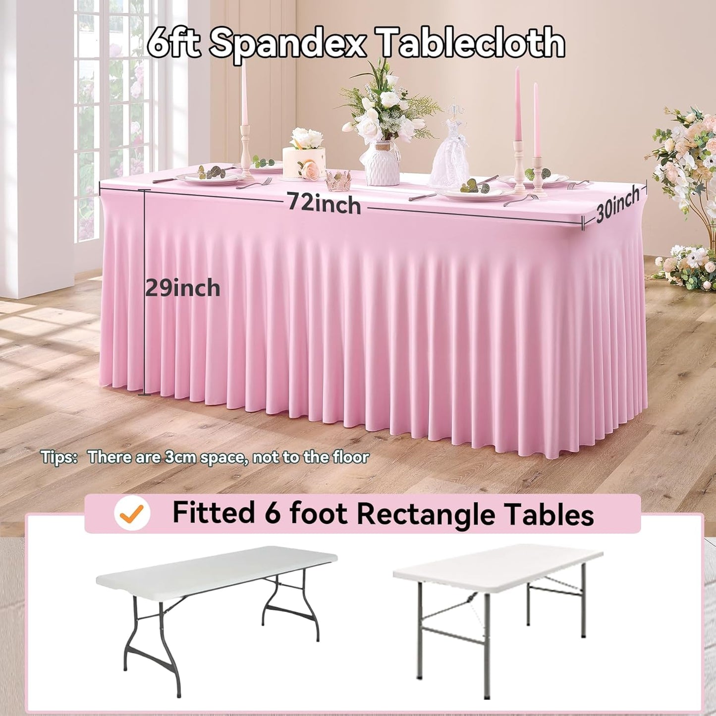 NSSONBEN 6 pk Baby Pink Spandex Tablecloth 6ft with Ruffle Table Skirt, Wrinkle Free Stretchy Fitted Tablecloths for 6 Foot Rectangle Tables, Elastic Spandex Table Covers for Weddings Parties Banquet