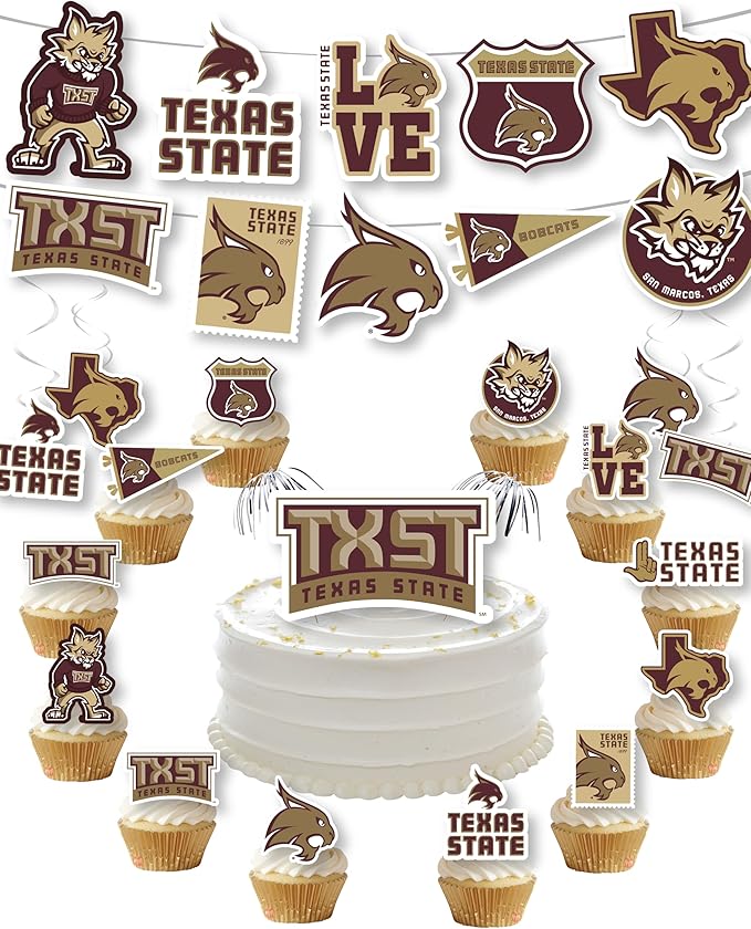 Texas State Party Supplies for TXST Football, Birthday Gift, Graduation Party Banner and Cake Toppers (42 Pieces) (Texas State Bobcats)
