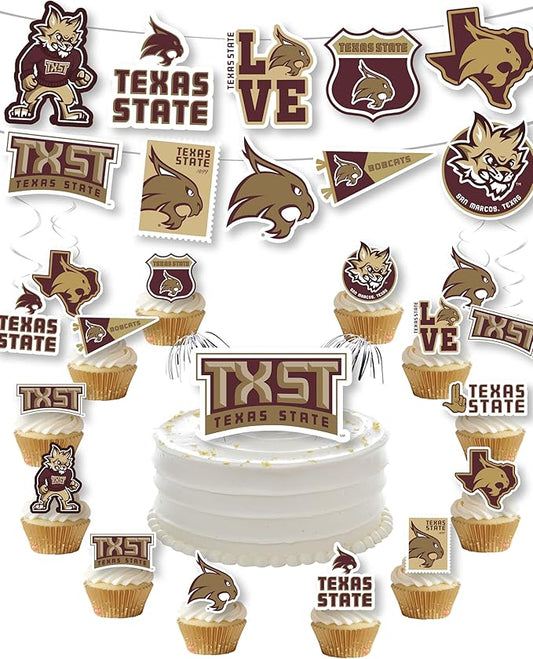 Texas State Party Supplies for TXST Football, Birthday Gift, Graduation Party Banner and Cake Toppers (42 Pieces) (Texas State Bobcats)