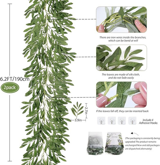 RECUTMS 2Pcs Artificial Olive Leaves Garlands 6.2Ft-Fake Hanging Silk Willow Leave Ivy Vines Faux Bayberry Leaf Twigs Greenery Rattan for Indoor Outdoor Wedding Birthday Party Home Garden Table Decor