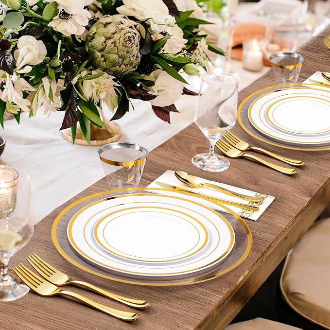 Goodluck 25 Pack Reusable Plastic Clear Charger Plates with Gold Rim, 12-Inch, for Dinner, Wedding, Party, Event Table Decoration, Clear&Gold