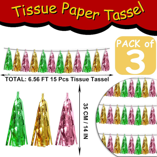 3P Sage-Green Gold Pink Tassel Banner Garland Metallic Foil Fringe Banner Tinsel Tassels Streamer Banner Backdrop for Parade Floats, 2025 Graduation Decorations, Woodland Party Decoration