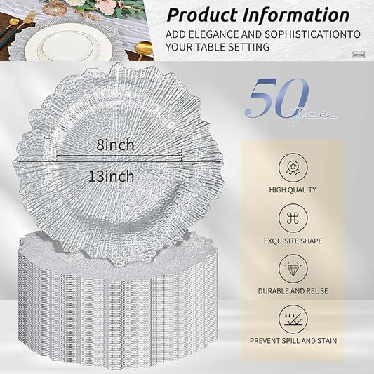 Pesonlook 50Pcs Silver Charger Plates Round 13inch, Reef Plate Chargers for Dinner, Bulk Plastic Floral Table Charger Plates for Dinner Wedding Party Event Table Setting Decoration(Silver)