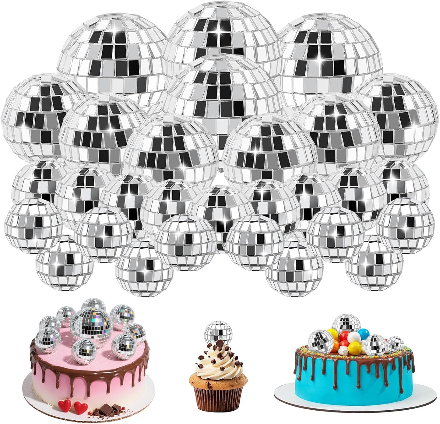 30 Pcs Disco Ball Cake Decorations - 4 Sizes Birthday CupCake Decor for 70s Music Dance Themed Party Supplie