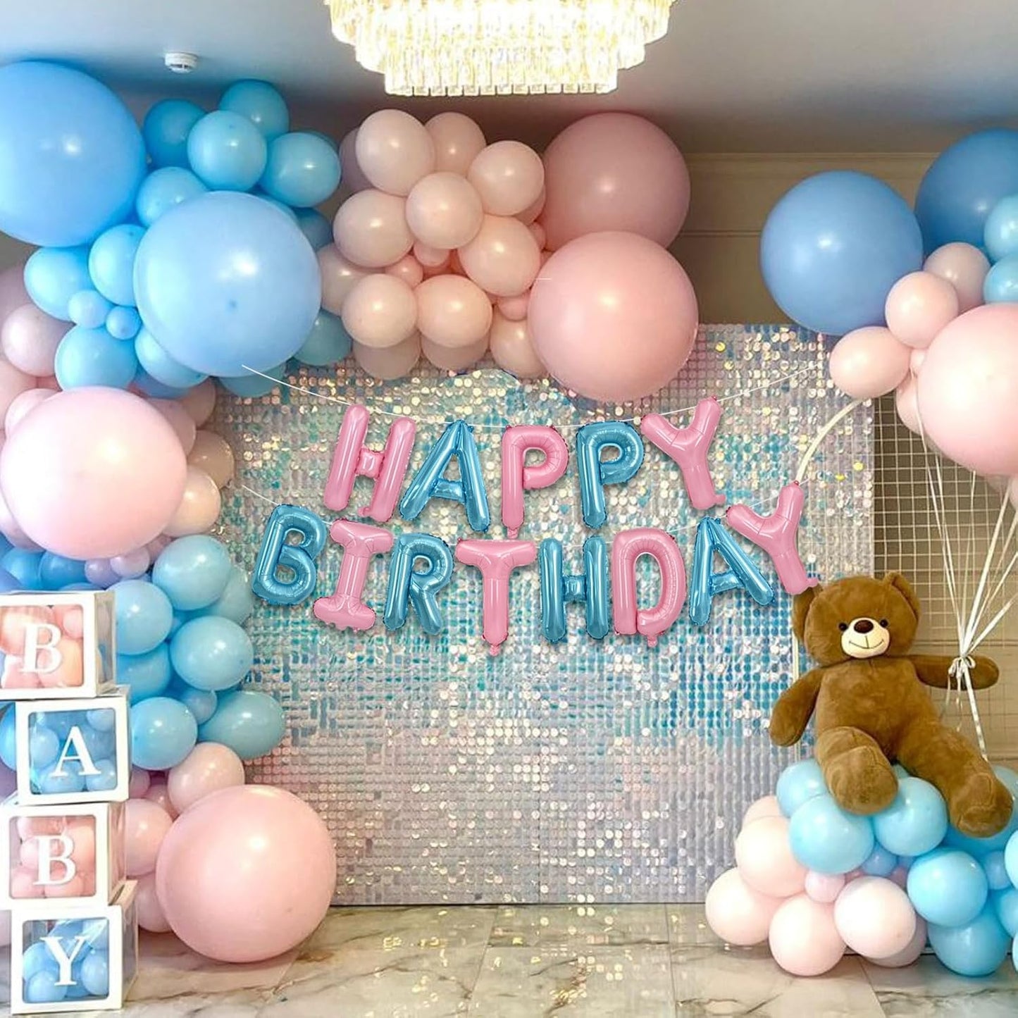 TONIFUL Happy Birthday Balloons Banner 16 Inch Mylar Foil Letters Birthday Sign Reusable for Girls Boys Kids & Adults Birthday Party Decorations Supplies（Light Pink Blue）