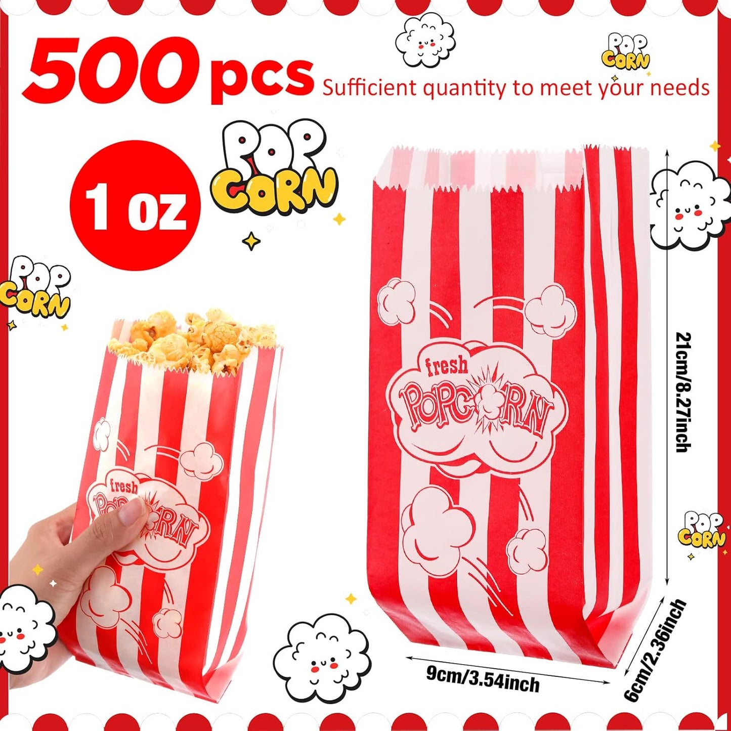 502 Pieces Popcorn Machine Supplies Set Includes 500 Pcs 1oz Red and White Popcorn Bags Bundle Scoop and Stainless Steel Seasoning Dredge with Handle and Lid Season Salt Shaker(Burst)