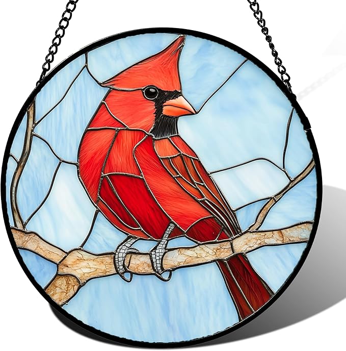 Stained Glass Window Hanging Cardinal Birds Large 15" - Suncatcher Door Garden Sun Catcher Home Decor Christmas Birthday for Bird Lovers Woman Her Nana Wife Men Mom