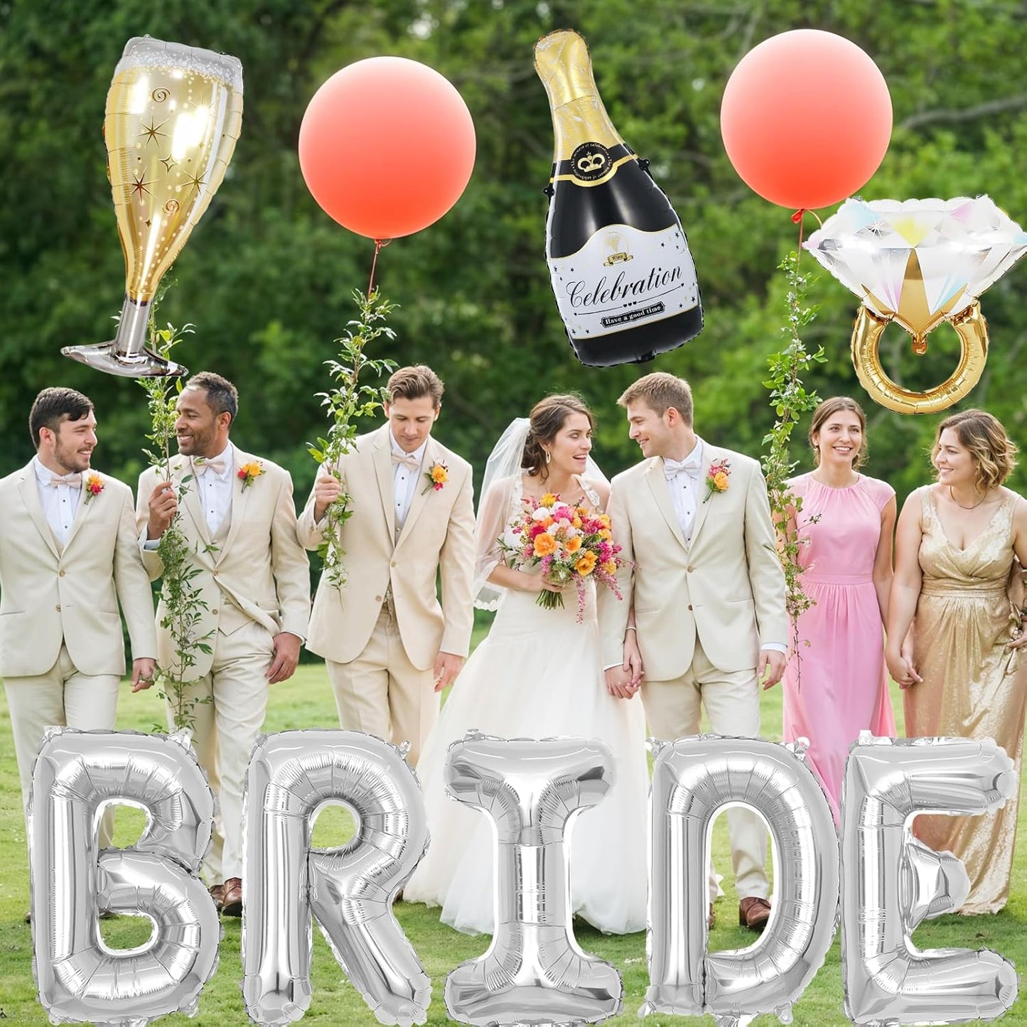 40inch Bride Balloons Silver Letters Banner, Bachelorette Party Decorations Set with Diamond Ring Champagne Bottle Balloon Glass Foil Balloon for Silver Bachelorette Engagement Wedding Bridal Shower