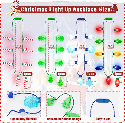 Blowata 12 PCS Christmas Party Favors, Light Up Christmas Necklace Headband Glasses Set, Candy Cane Snowflake Tree Bulb Necklace LED Headband Flashing Eyeglasses for Xmas Gifts, Christmas Accessories