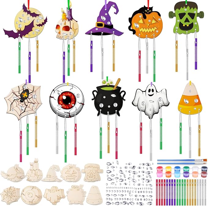 JellyArch 30 Pack Halloween Wind Chime Making Kit for Adults Make Your Own Halloween Wind Chime Ghost Pumpkin Bats DIY Crafts Wooden Ornaments for Activity Birthday Decoration