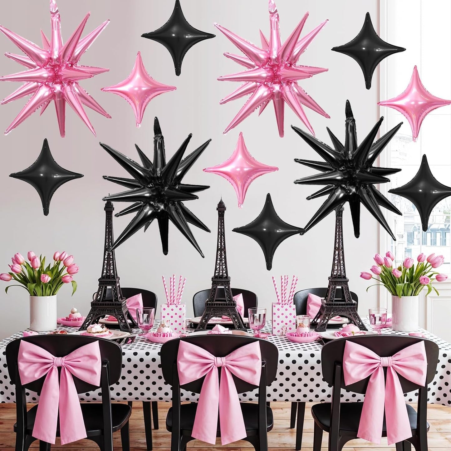 Black and Pink Star Balloon,6Pcs 22Inch Explosion Star Balloons and 10Pcs 10Inch Four Angle Balloons Kit for Birthday Anniversary Baby Shower Wedding Party Decorations