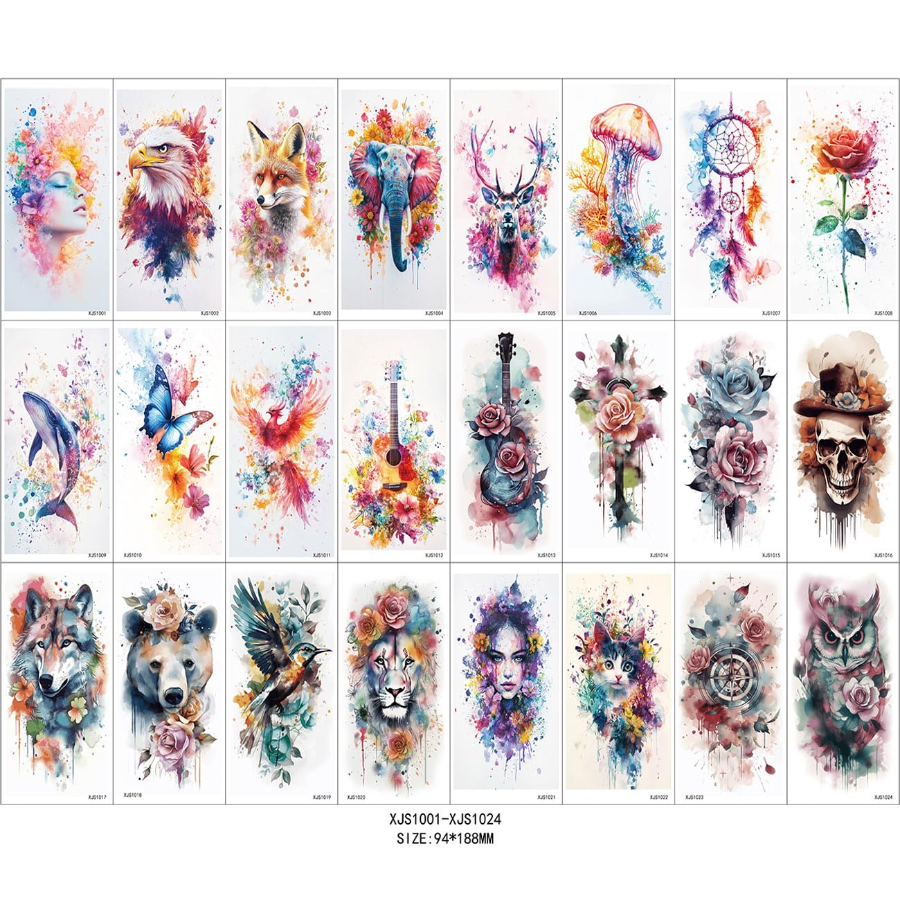 XMASIR 64 Sheets Temporary Tattoo Stickers, Large Arm Watercolor Fake Tattoos Waterproof Flower Animals Realistic 3D Roses Birds Floral Wolf Butterfly Body Art Stickers for Women and Man