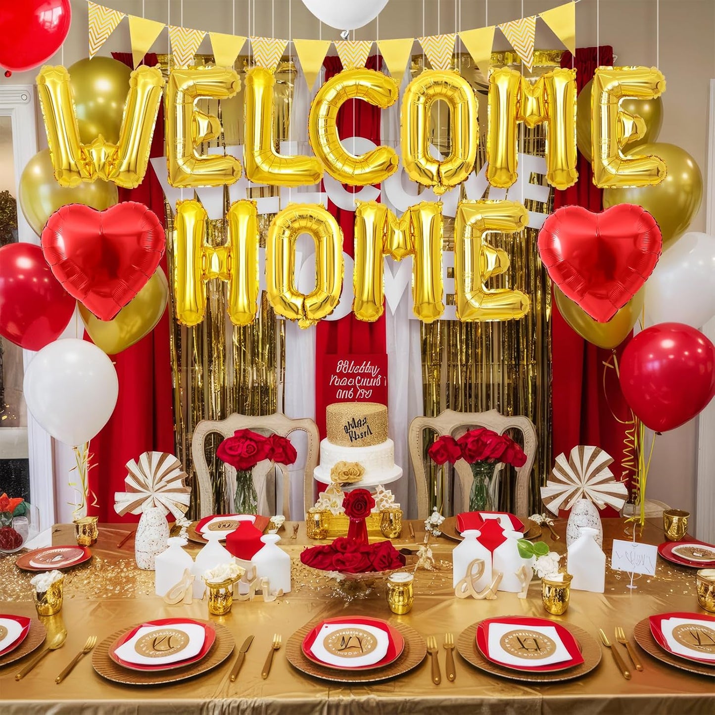 Welcome Home Decorations Red Gold,Welcome Home Foil Balloon Banner with Red Heart Balloons Pennant Flag Bunting for Housewarming Baby Shower Home Family Party Supplies