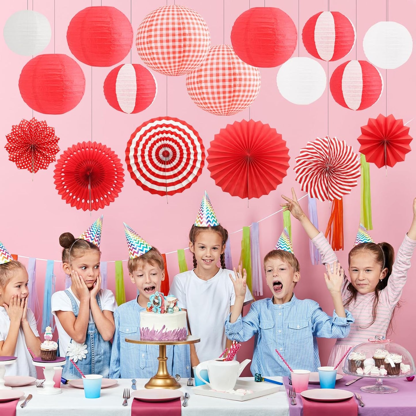 16 Pcs Picnic Party Decorations, Red and White Paper Lanterns & Hanging Paper Fans, Red Gingham Party Supplies for Picnic Carnival I Do BBQ Pizza Hot Dog,Italian Party Decor