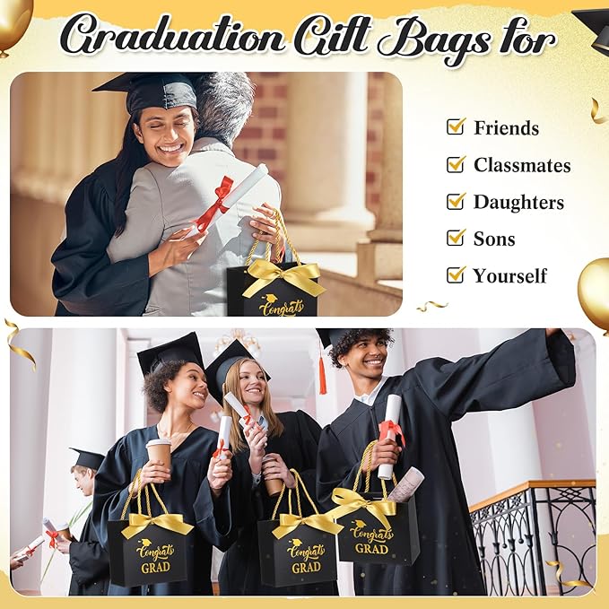 Moinchore 30 Pcs Black Gold Graduation Paper Gift Bags Bulk 5.5 x 4.7 x 2.5'' Mini 2026 Congrats Grad Favor Bags with Handles Bow Ribbon Wrap Graduation Day Party Supplies for College High School
