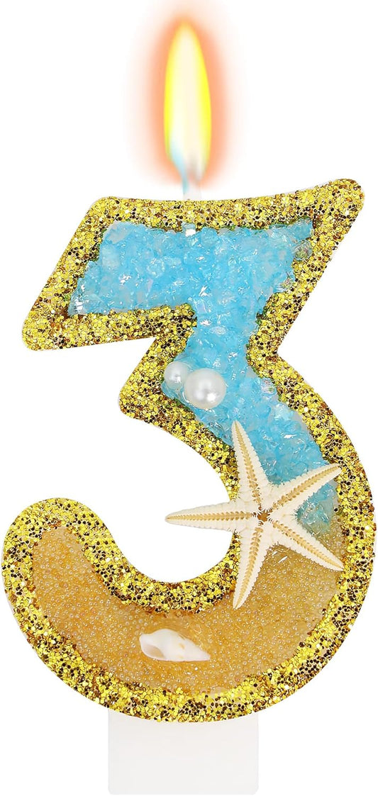 Ocean Number 3 Candle, Glitter Gold Beach Starfish Cake Topper, Tropical Ocean Princess Birthday Decorations for Party Supplies Wedding Anniversaries