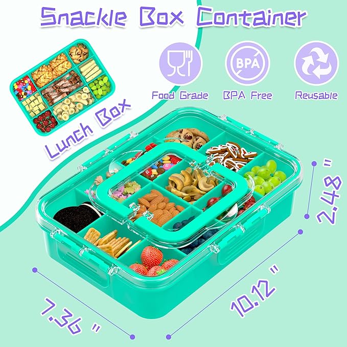 Snack Box Container for Kids - Adjustable 12-Compartment Snack Containers, Reusable Bento Box, Dishwasher Safe, BPA-Free, Perfect for School, Travel, Camping & Picnic, Green
