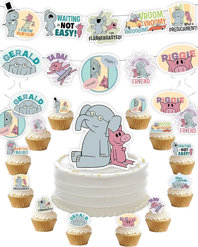 Elephant and Piggie Party Supplies Boy or Girl Birthday Party Decor with 8 Foot Banner, 24 Cupcake Toppers, Cake Topper, 4 Streamers with Gerald and Piggie Book Characters by Mo Willems (Party Set)