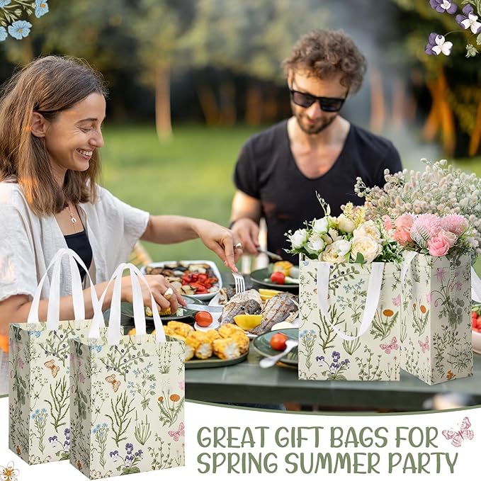 Supervitae 24 Pack Wildflower Theme Gift Bags Medium Goodie Floral Party Favor Bags Vintage Reusable Totes Non Woven Totes for Wedding Birthday Baby Shower Family Holiday Travel(9.8" x 7.9" x 3.9")