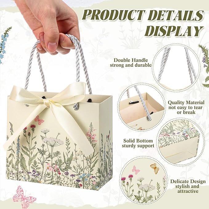 Moinchore 30 Pcs Vintage Wildflower Paper Gift Bags Bulk 5.5 x 4.7 x 2.5 in Mini Flower Plant Favor Bags with Handles Bow Ribbon Wrap for Spring Summer Birthday Home Wedding Party Supplies