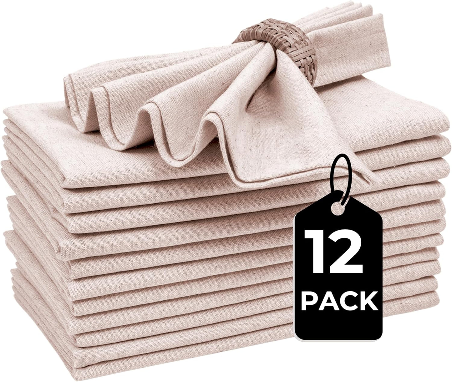 Bedding Craft Linen Flax Cotton Cloth Dinner Napkins Set of 12 – 18x18 Natural Hemstitched Reusable Fabric Napkins for Weddings, Parties, Dinners & Table Décor – Elegant & Durable