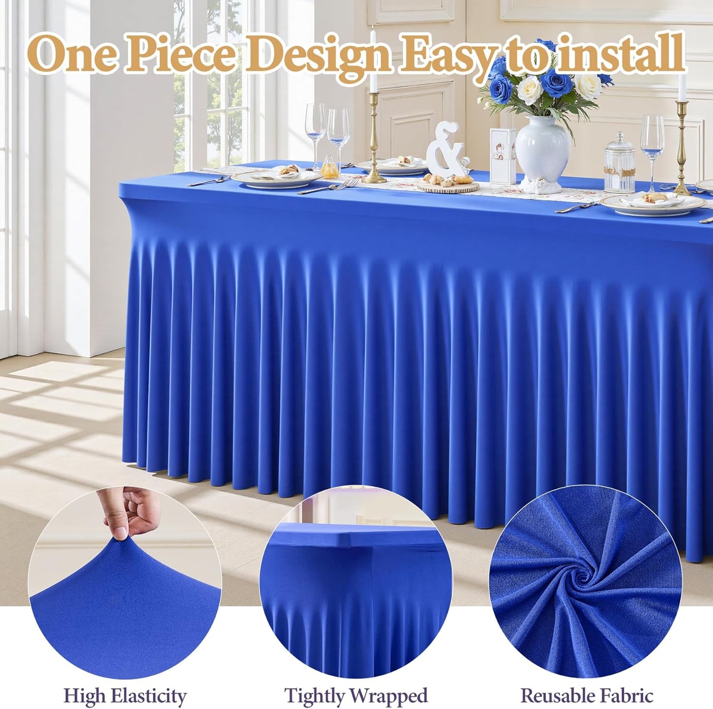 2 Packs Royal Blue Tableclothes for 4 Foot Rectangle Table,Wrinkle Free Spandex Tablecovers 4FT Stretch Fitted Table Cloth with Skirt for Birthday Parties Graduations Event Wedding Banquet