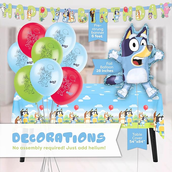 Unique Bluey Birthday Decorations | Bluey Party Decorations | Serves 16 | Officially Licensed | Balloons, Banner, Tablecover, Plates, Napkins, Button