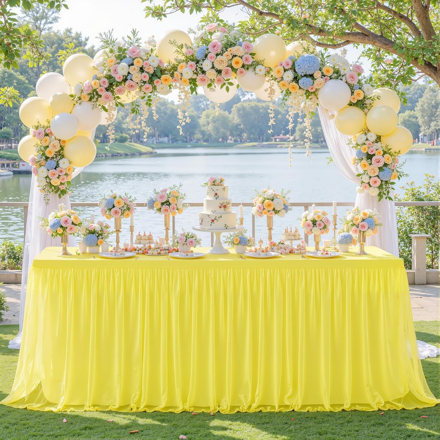 4 Pack Yellow Tulle Tablecloth for 6 Foot Rectangular Tables 6ft Yellow Rectangle Table Cloths Wrinkle Free Table Cover with Tutu Skirt for Birthday Cocktail Banquet Buffet Lemon Fruit Party Decor