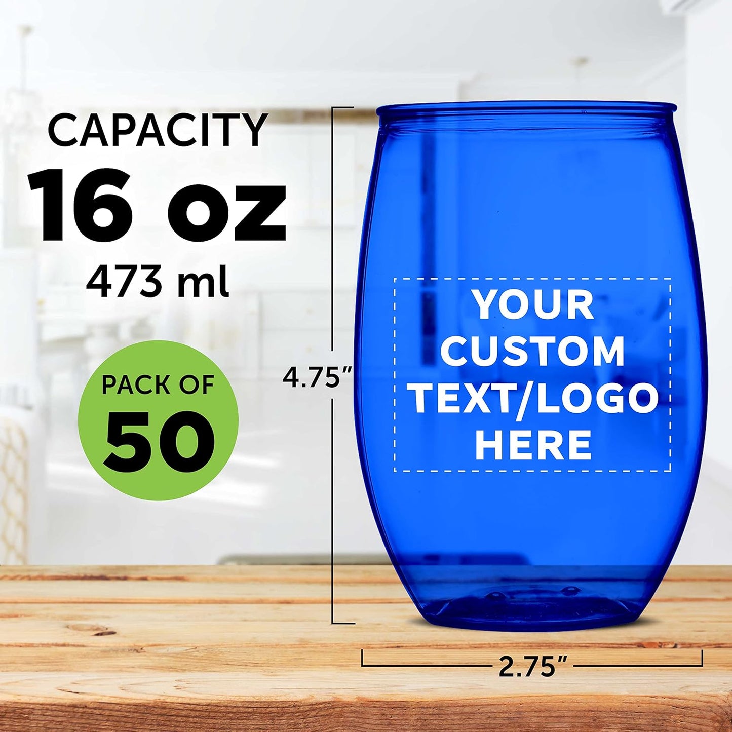Custom Plastic Stemless Wine Glasses 16 oz. Set of 50, Personalized Bulk Pack - BPA Free, Great for Outdoor Lounges, Poolside, Parties and Other Events - Blue