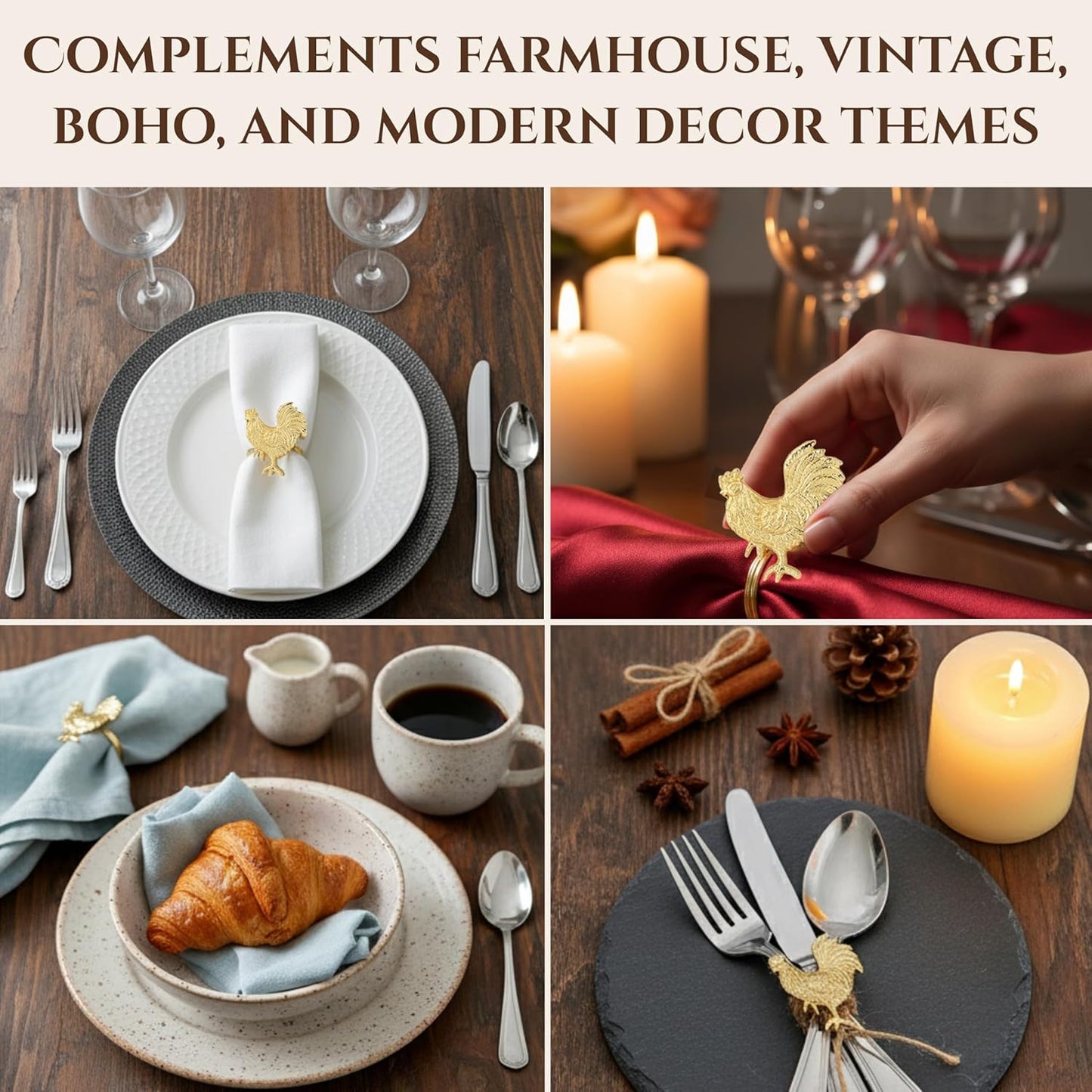 Set of 12 Rooster Napkin Rings for Farmhouse Table Decor | Premium Metal Chicken Dinnerware Holders | Rustic Kitchen & Holiday Party Table Setting (Gold) - ALPHA Living HOME