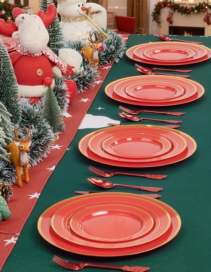 WDF 25PCS Red Plastic Charger Plates - 12inch Red and Gold Chargers for Dinner - Disposable Charge Plates - Perfect for Wedding Baby Shower Spring Birthday Elegant Tabletop Decor